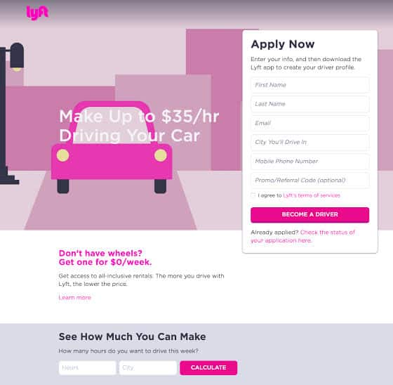 Lyft landing page example